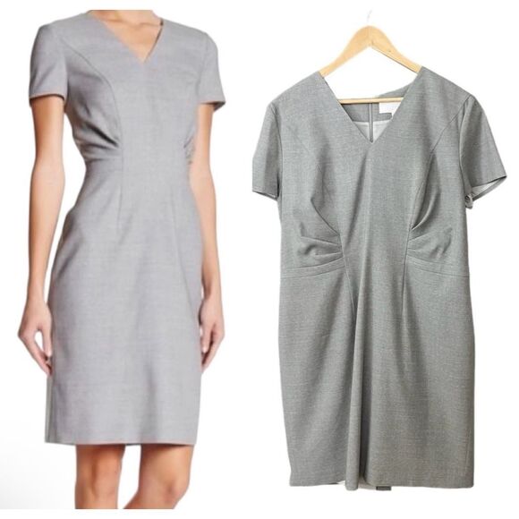 Hugo Boss Gray Short Sleeve‎ V-Neck Virgin Wool Sheath Deshina Dress 10 Neutral - Picture 1 of 9